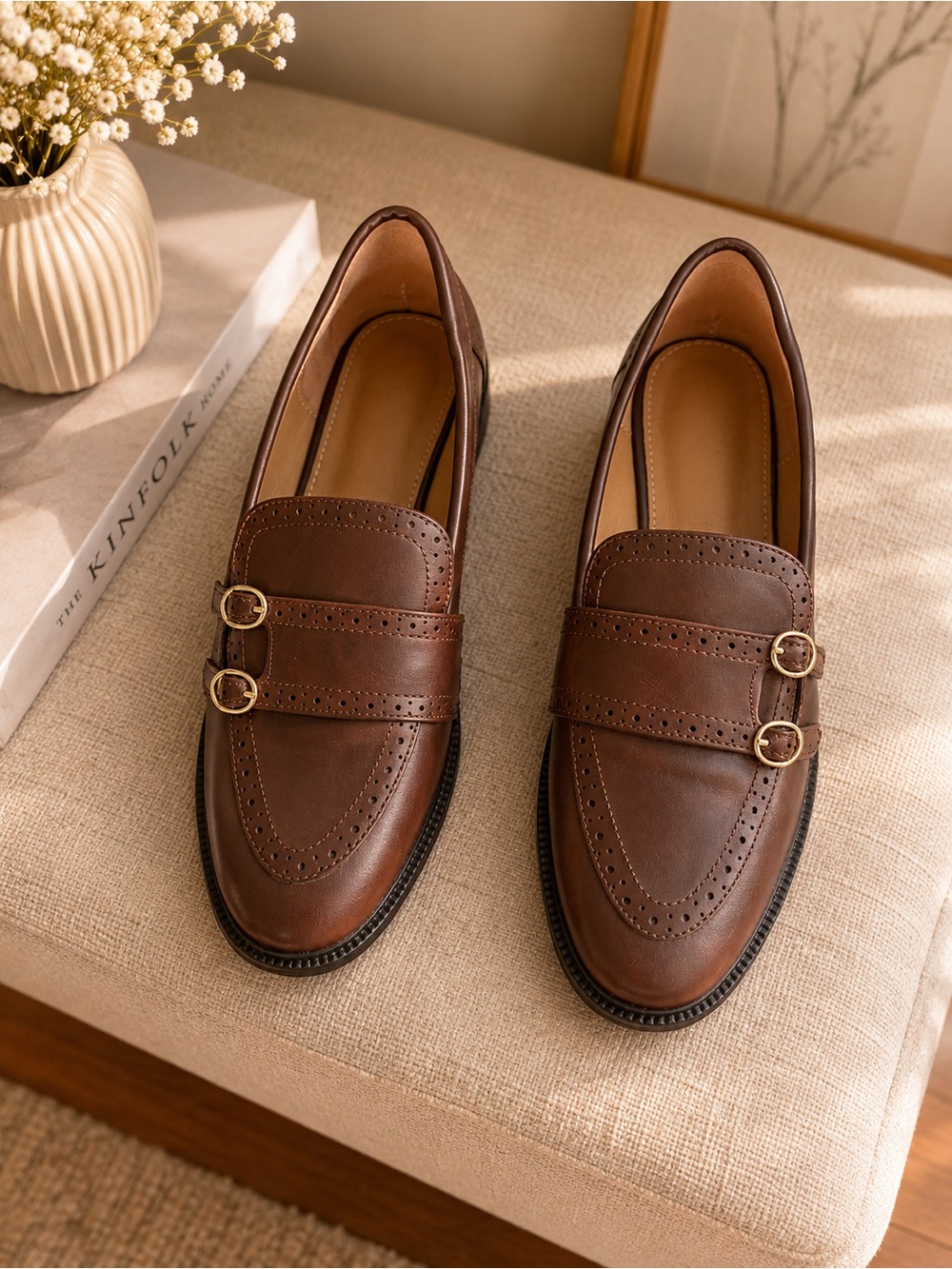 Brown Double-Buckle Leather Loafers
